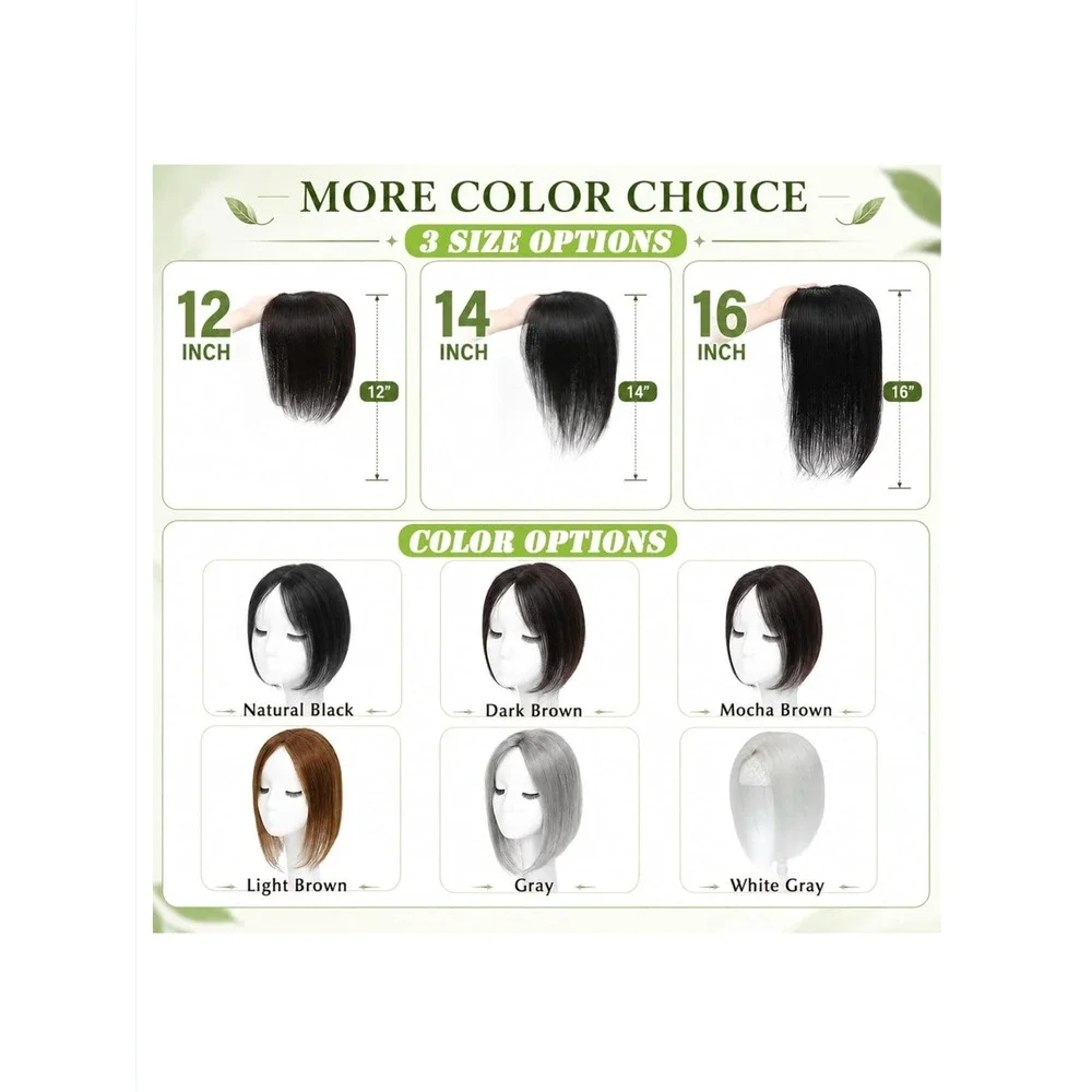 OOPPOO Black Human Hair Topper 360 3D Cover Side Bangs Thinning Crown Hairpiece